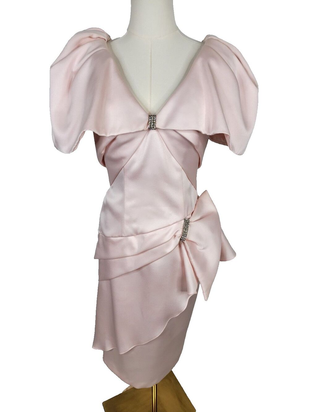 Vintage Legends by Judy Berger Pink Satin Cocktail Dress 5/6 Rhinestone 80s S